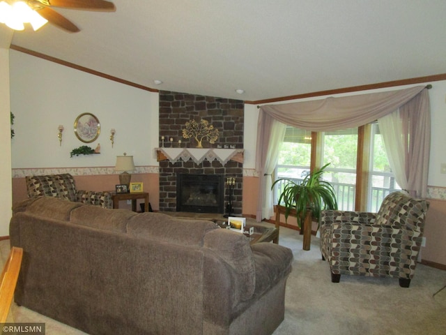26612 State Highway 47, Aitkin, MN 56431 - living room with vaulted ceiling, crown molding, carpet, a ceiling fan, and a brick fireplace