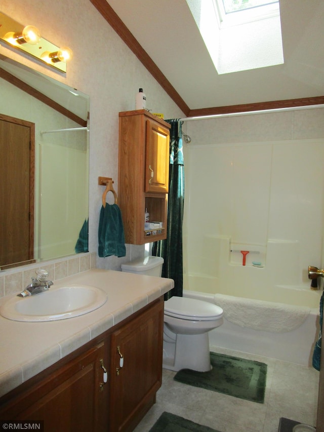 26612 State Highway 47, Aitkin, MN 56431 - full bathroom with a skylight, lofted ceiling, vanity, shower / tub combo, and toilet