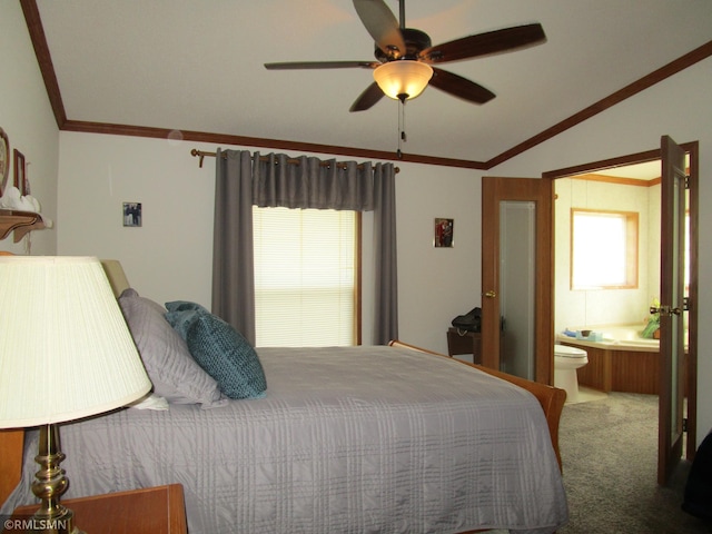 26612 State Highway 47, Aitkin, MN 56431 - carpeted bedroom with lofted ceiling, ornamental molding, ensuite bathroom, and ceiling fan