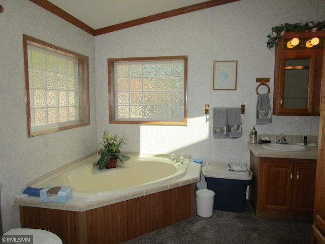 26612 State Highway 47, Aitkin, MN 56431 - bathroom featuring crown molding, toilet, vanity, a bath, and lofted ceiling