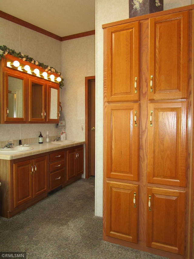 26612 State Highway 47, Aitkin, MN 56431 - full bathroom featuring carpet floors, crown molding, and double vanity