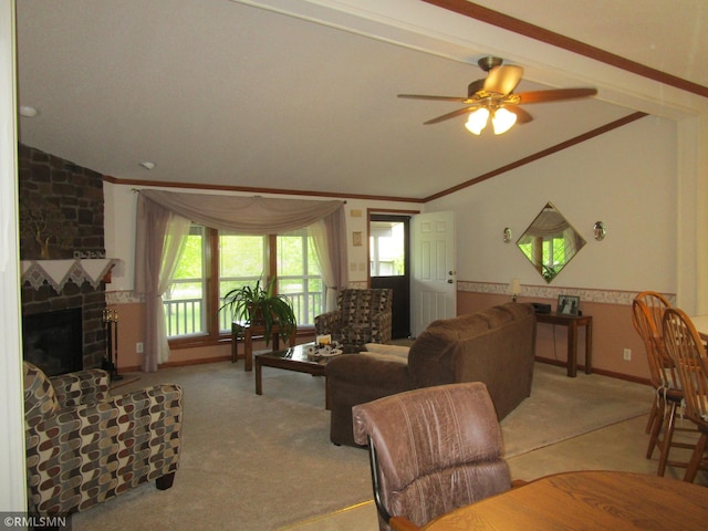 26612 State Highway 47, Aitkin, MN 56431 - living area with carpet floors, ornamental molding, ceiling fan, and a fireplace