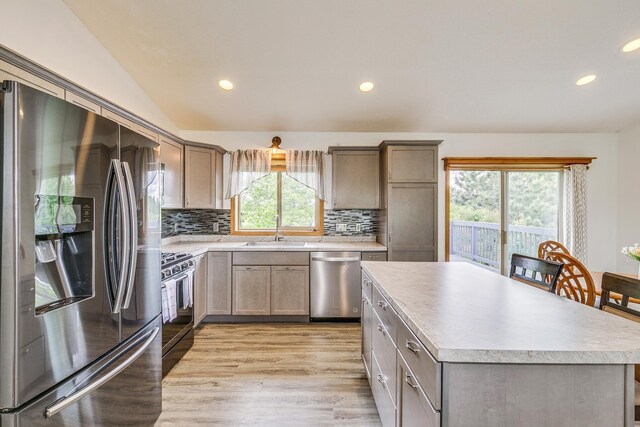 918 Mallard St NE, Hanover, MN 55341 - kitchen featuring stainless steel appliances, a sink, light wood-type flooring, light countertops, and lofted ceiling