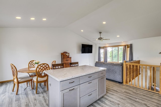 918 Mallard St NE, Hanover, MN 55341 - kitchen featuring gray cabinets, light wood finished floors, a ceiling fan, recessed lighting, and a kitchen island