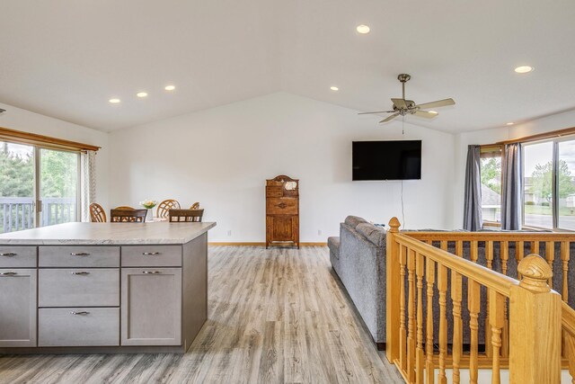 918 Mallard St NE, Hanover, MN 55341 - kitchen featuring gray cabinetry, vaulted ceiling, light wood-style floors, recessed lighting, and light countertops