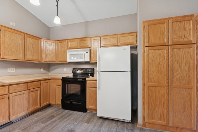 185 21st Ave SW, Cambridge, MN 55008 - kitchen with white appliances, light countertops, light wood-style flooring, light brown cabinets, and lofted ceiling
