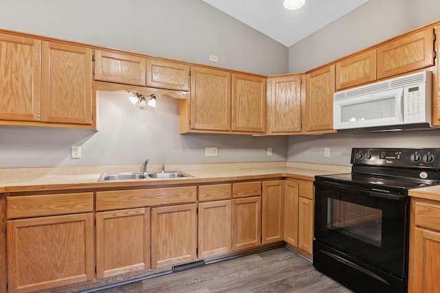 185 21st Ave SW, Cambridge, MN 55008 - kitchen with white microwave, black range with electric stovetop, a sink, vaulted ceiling, and light countertops