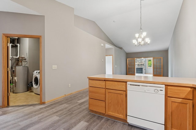 185 21st Ave SW, Cambridge, MN 55008 - kitchen with dishwasher, water heater, washer / clothes dryer, light wood-style floors, and a chandelier