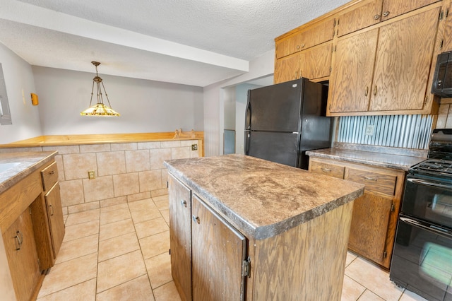 51470 Rush Lake Trl, Nessel Twp, MN 55069 - kitchen featuring black appliances, a center island, light tile patterned floors, decorative light fixtures, and a textured ceiling