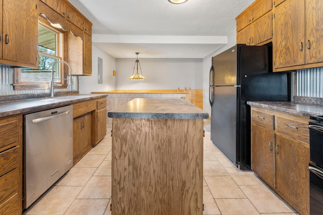 51470 Rush Lake Trl, Nessel Twp, MN 55069 - kitchen with dishwasher, a center island, freestanding refrigerator, dark countertops, and light tile patterned floors