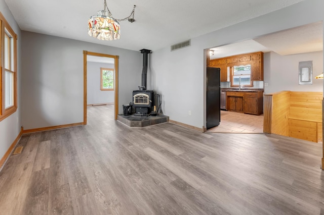 51470 Rush Lake Trl, Nessel Twp, MN 55069 - unfurnished living room with light wood-style floors, a wood stove, and baseboards