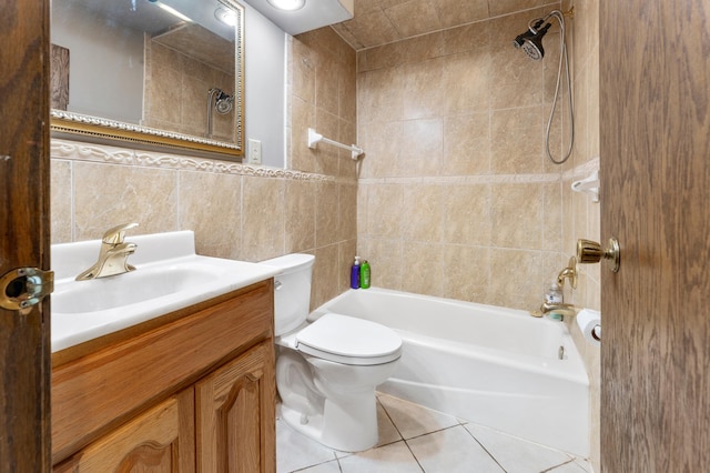 51470 Rush Lake Trl, Nessel Twp, MN 55069 - bathroom featuring tile walls, vanity,  shower combination, toilet, and tile patterned flooring