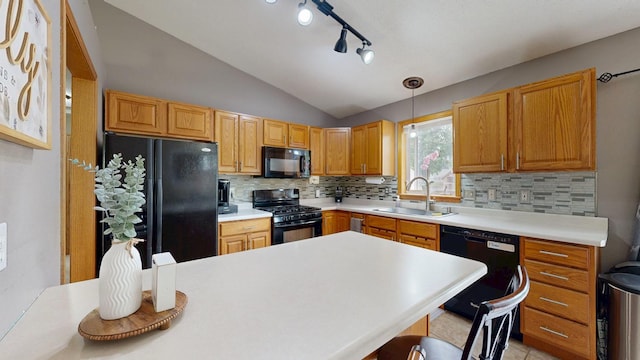 3224 48th St NW, Rochester, MN 55901 - kitchen featuring black appliances, a sink, backsplash, vaulted ceiling, and light countertops