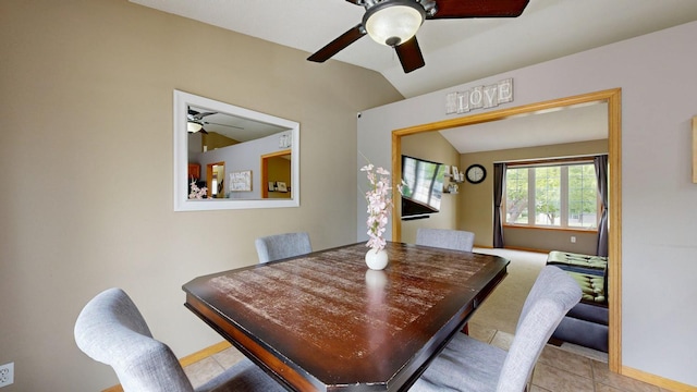 3224 48th St NW, Rochester, MN 55901 - carpeted dining area featuring ceiling fan, lofted ceiling, baseboards, and tile patterned floors