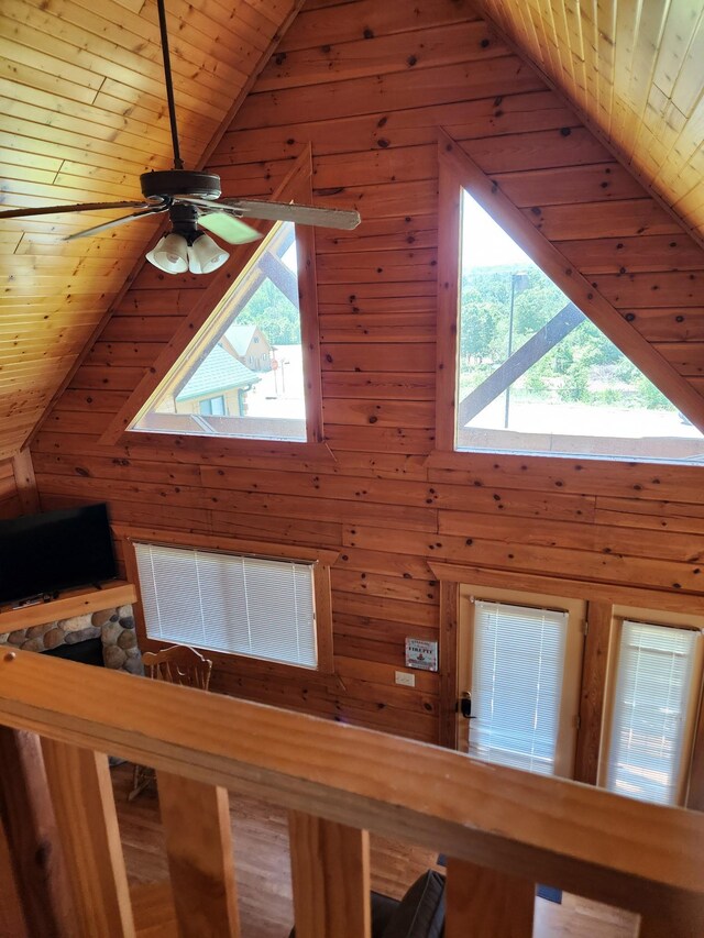 303 Hilltop Ct, Warrens, WI 54666 - detailed view of wooden ceiling, wooden walls, and ceiling fan