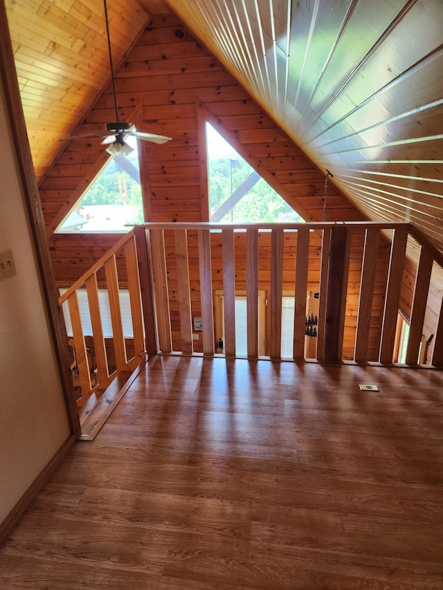 303 Hilltop Ct, Warrens, WI 54666 - bonus room with lofted ceiling, wood finished floors, wood walls, ceiling fan, and wooden ceiling