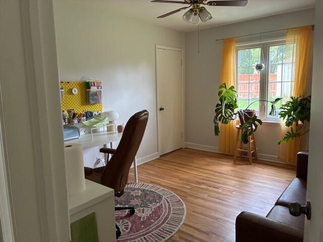 4901 Bryant Ave S, Minneapolis, MN 55419 - office with light wood-style flooring, a ceiling fan, and baseboards