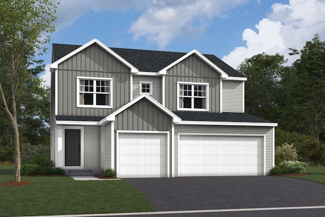 10455 Glenbrook Ave S, Cottage Grove, MN 55016 - view of front of home with board and batten siding, a garage, a shingled roof, driveway, and a front lawn