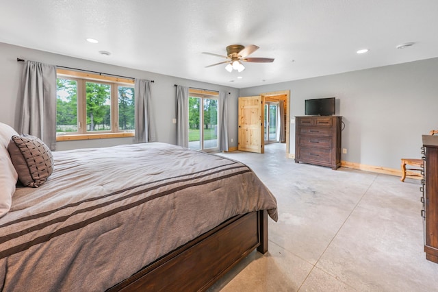 20470 220th St, Verndale, MN 56481 - bedroom featuring access to exterior, baseboards, recessed lighting, concrete floors, and a ceiling fan