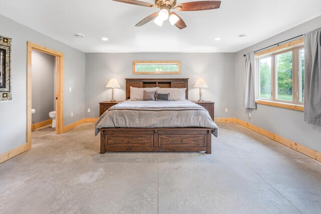 20470 220th St, Verndale, MN 56481 - bedroom with finished concrete floors, baseboards, recessed lighting, ceiling fan, and connected bathroom