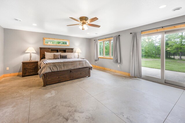 20470 220th St, Verndale, MN 56481 - bedroom featuring baseboards, access to outside, concrete flooring, recessed lighting, and a ceiling fan