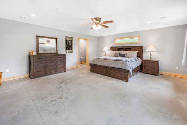 20470 220th St, Verndale, MN 56481 - bedroom featuring finished concrete floors, baseboards, recessed lighting, and a ceiling fan
