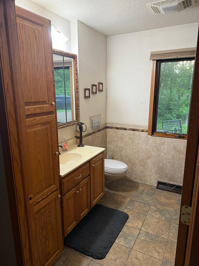 33688 416th Ave, Farm Island Twp, MN 56431 - bathroom with a textured ceiling, vanity, toilet, stone finish flooring, and tile walls