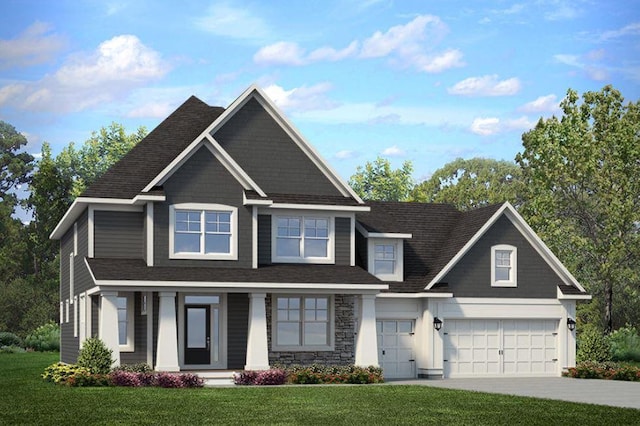 6552 Timber Arch Dr, Chaska, MN 55318 - craftsman inspired home with concrete driveway, a front lawn, covered porch, and roof with shingles