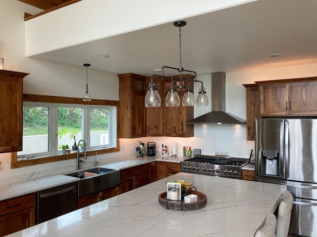 51509 County Highway 9, Scambler Twp, MN 56572 - kitchen with appliances with stainless steel finishes, wall chimney range hood, a sink, light stone countertops, and hanging light fixtures