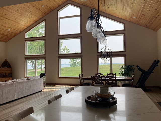 51509 County Highway 9, Scambler Twp, MN 56572 - dining area featuring high vaulted ceiling, healthy amount of natural light, wooden ceiling, wood finished floors, and a chandelier