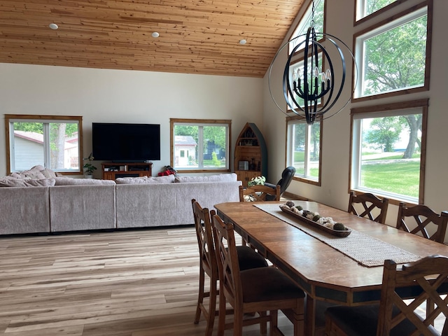 51509 County Highway 9, Scambler Twp, MN 56572 - dining area featuring high vaulted ceiling, light wood-type flooring, and wood ceiling