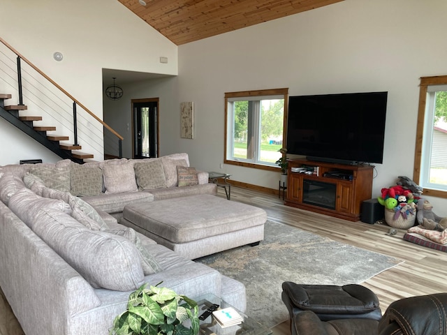 51509 County Highway 9, Scambler Twp, MN 56572 - living area featuring plenty of natural light, wooden ceiling, high vaulted ceiling, wood finished floors, and stairs