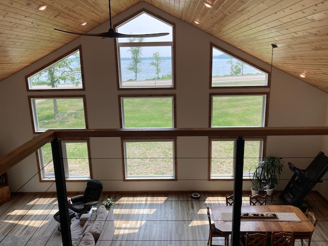 51509 County Highway 9, Scambler Twp, MN 56572 - living room with wood ceiling, high vaulted ceiling, wood finished floors, and healthy amount of natural light