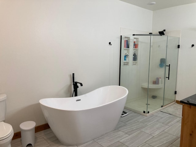 51509 County Highway 9, Scambler Twp, MN 56572 - full bath featuring a stall shower, a freestanding tub, toilet, and vanity