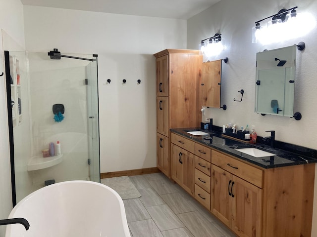 51509 County Highway 9, Scambler Twp, MN 56572 - full bathroom featuring a shower stall, double vanity, and a soaking tub