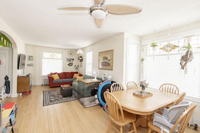 108 6th Ave N, Fargo, ND 58102 - dining area featuring a textured ceiling, radiator heating unit, a ceiling fan, light wood-style floors, and arched walkways