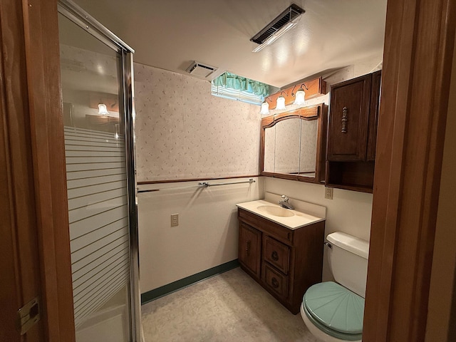 1620 4th St, Montevideo, MN 56265 - bathroom featuring wallpapered walls, vanity, toilet, and a shower