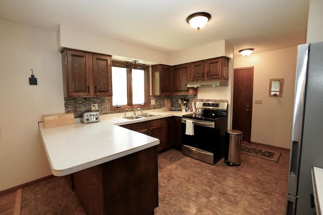 2805 12th Ave NW, Willmar, MN 56201 - kitchen with appliances with stainless steel finishes, under cabinet range hood, a peninsula, backsplash, and a sink