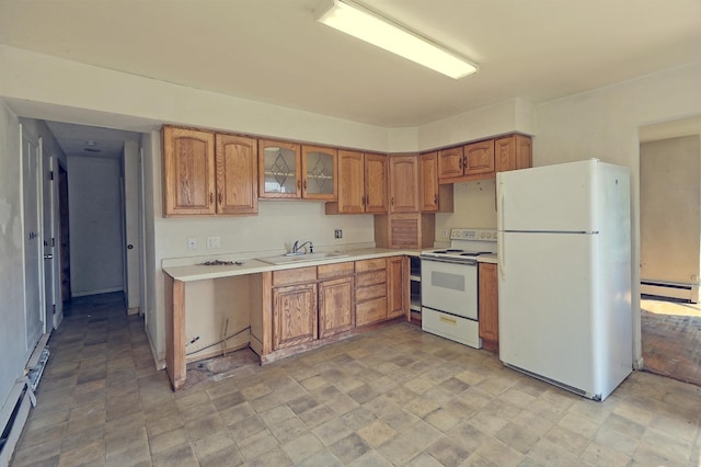 5741 Maple St, Rockford, MN 55373 - kitchen featuring white appliances, a sink, light countertops, a baseboard heating unit, and brown cabinetry