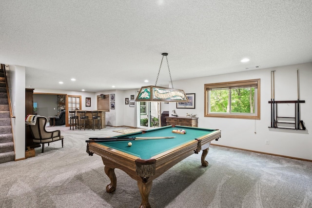 22774 Olivine St NW, Nowthen, MN 55330 - recreation room with carpet floors, recessed lighting, a textured ceiling, billiards table, and baseboards