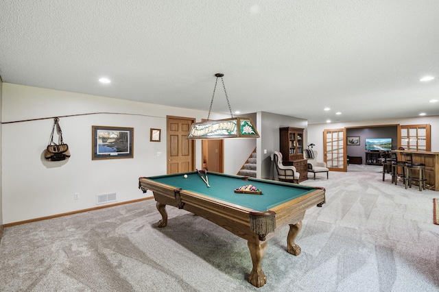 22774 Olivine St NW, Nowthen, MN 55330 - game room with carpet, billiards table, a textured ceiling, baseboards, and recessed lighting