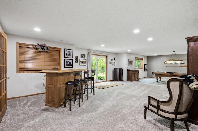 22774 Olivine St NW, Nowthen, MN 55330 - indoor dry bar with light carpet, a textured ceiling, recessed lighting, billiards, and baseboards