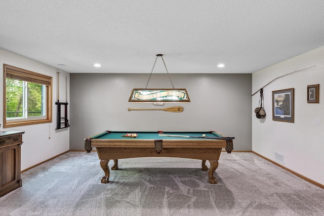 22774 Olivine St NW, Nowthen, MN 55330 - recreation room with light carpet, billiards table, a textured ceiling, recessed lighting, and baseboards
