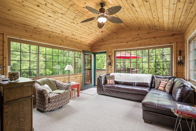 22774 Olivine St NW, Nowthen, MN 55330 - living room with wood walls, lofted ceiling, a ceiling fan, carpet flooring, and wooden ceiling