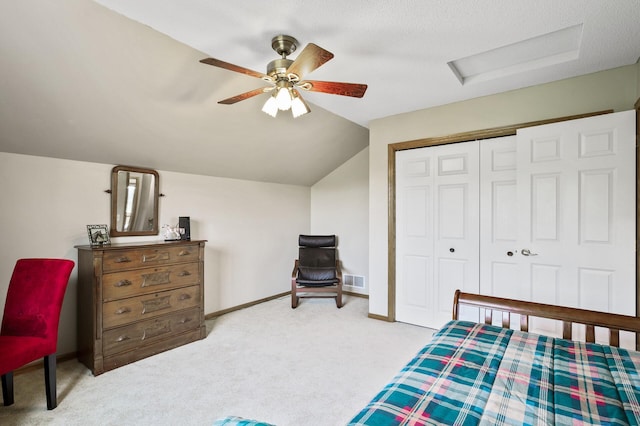22774 Olivine St NW, Nowthen, MN 55330 - bedroom with attic access, lofted ceiling, carpet floors, a closet, and a ceiling fan