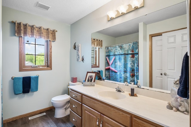 22774 Olivine St NW, Nowthen, MN 55330 - full bathroom with vanity, wood finished floors, toilet, baseboards, and a textured ceiling