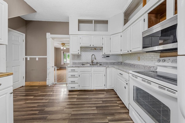 300 Ellington St, West Concord, MN 55985 - kitchen with white electric range, a sink, stainless steel microwave, dark wood finished floors, and white cabinets