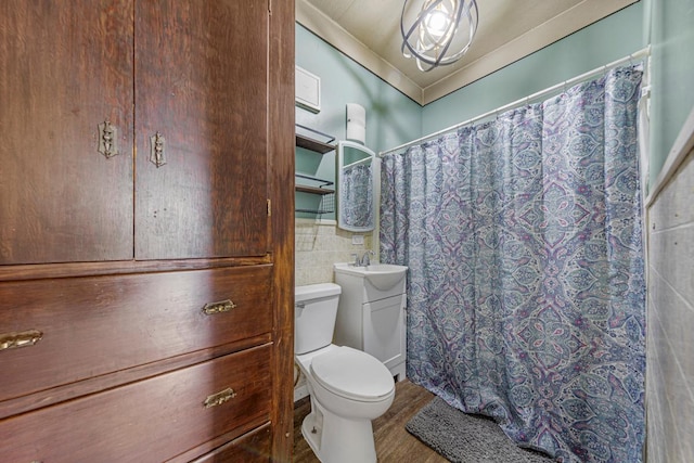 300 Ellington St, West Concord, MN 55985 - full bathroom featuring toilet, vanity, tile walls, wood finished floors, and a shower with shower curtain