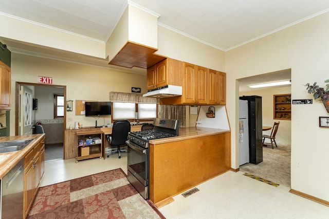 520 State St, West Concord, MN 55985 - kitchen with gas stove, under cabinet range hood, stainless steel dishwasher, crown molding, and freestanding refrigerator