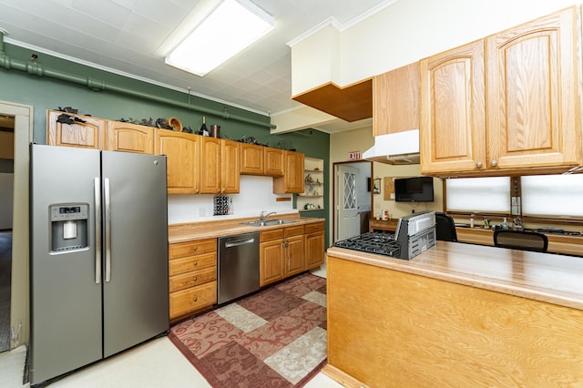 520 State St, West Concord, MN 55985 - kitchen with stainless steel appliances, a sink, light countertops, tile patterned floors, and ornamental molding